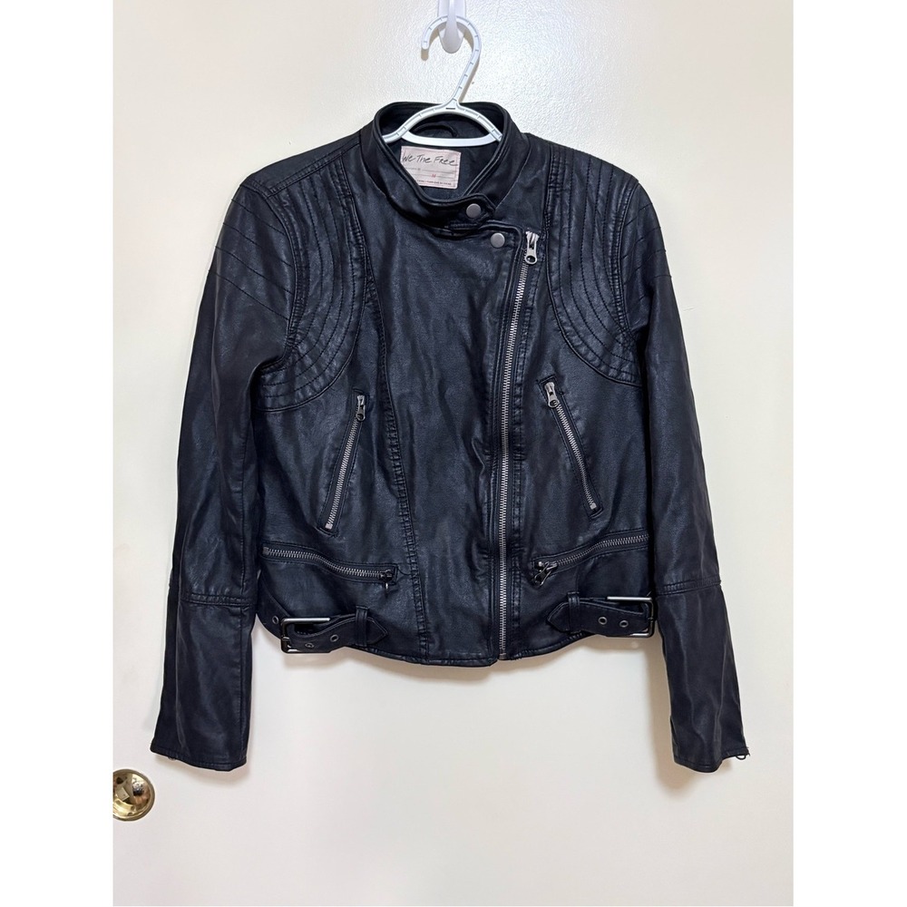 We The Free Black Artificial Leather Moto Jacket